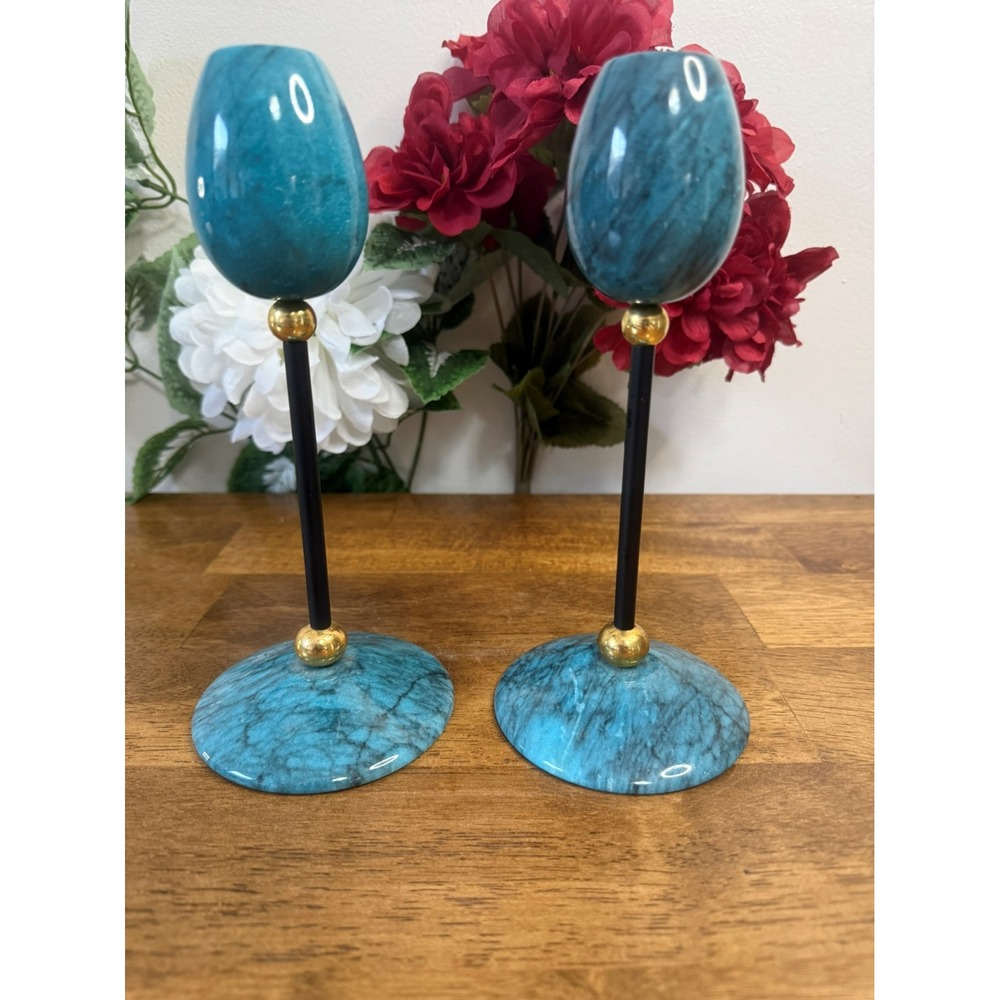 Vintage Blue Marble Brass Candle Holders Retro Styling Blue Aqua Stone Decor